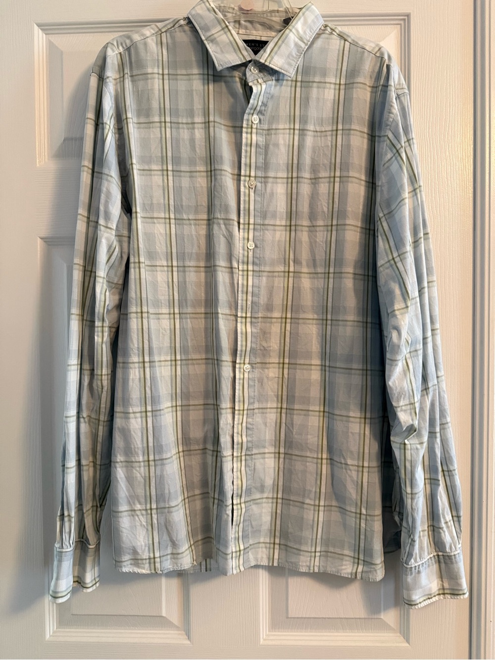 Bloomingdale's Men's Light Blue and Green Plaid Button-Down Shirt